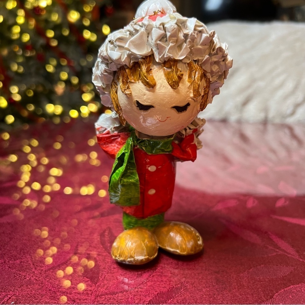 Paper Mache Christmas Caroler W/ Gift Behind Back Red Green 6” Tall Stands Up